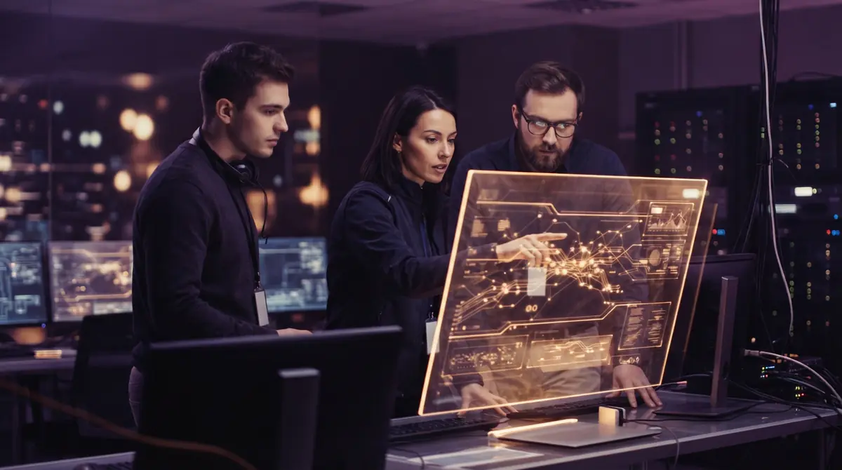 Illustration of AI security researchers testing autonomous software in a secure lab