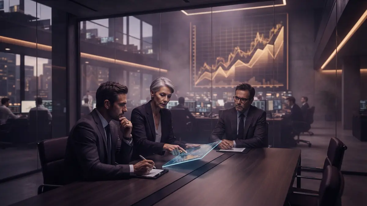 Illustration of central bank officials monitoring financial market debt data in a modern boardroom