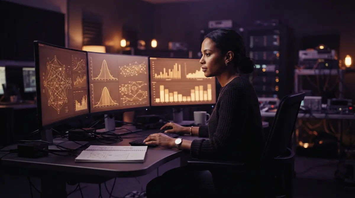 An engineer reviewing probability and statistical calibration charts on multiple screens