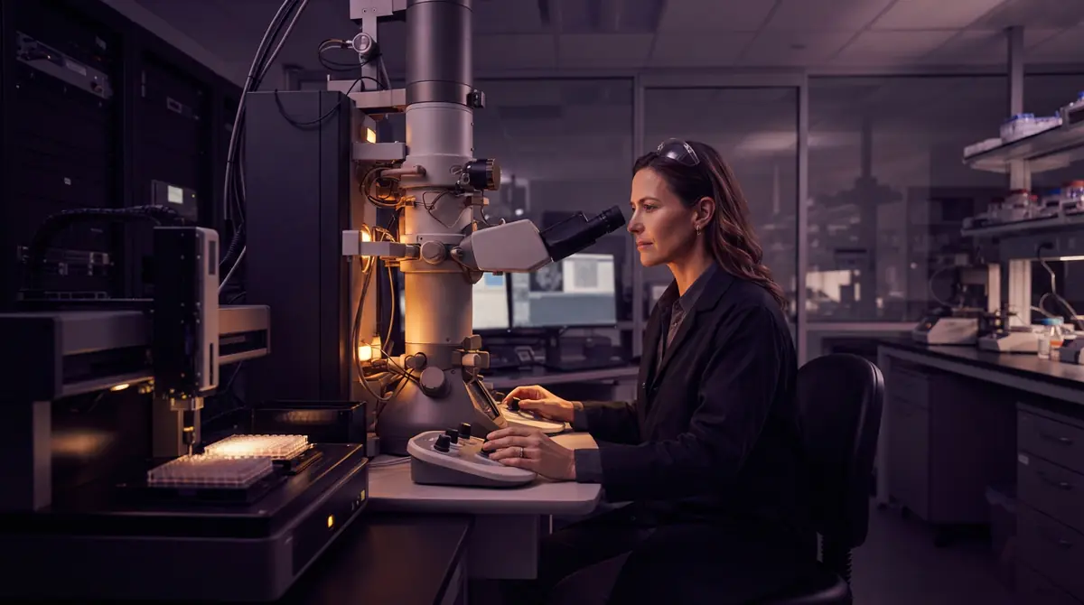 A modern scientific cleanroom with high-resolution microscopy and robotic sample equipment