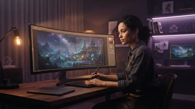An artist working on digital composition and spatial image layouts in a studio environment.