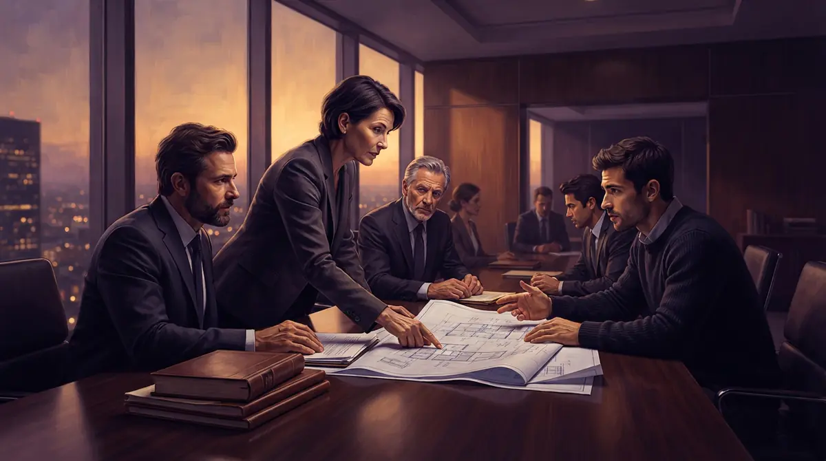 Illustration of investment directors reviewing structured credit contracts around a conference table