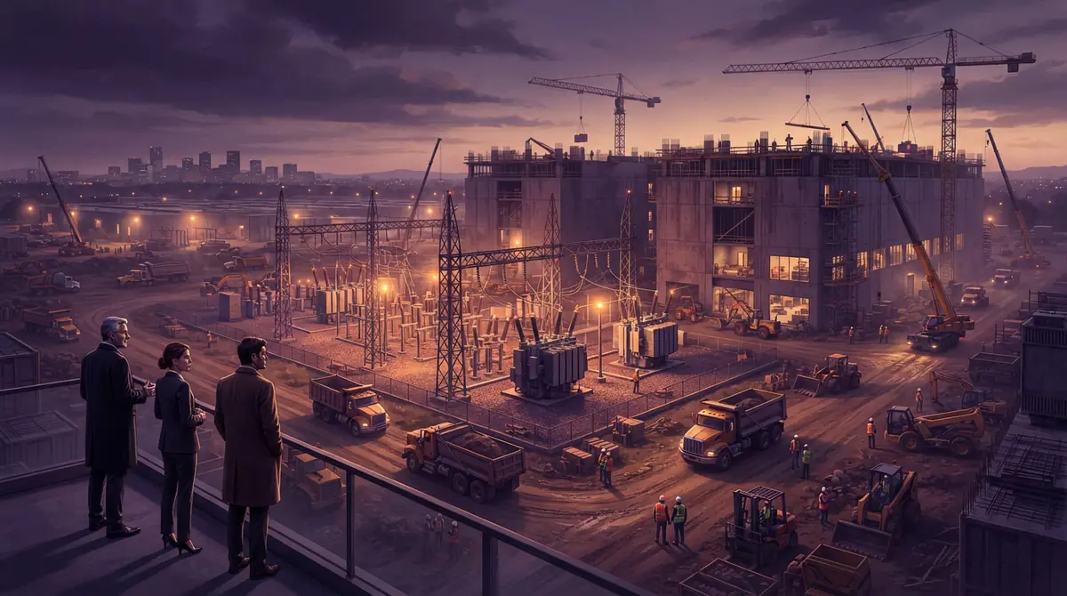 Illustration of large-scale construction on an industrial computing center and dedicated electrical power plant