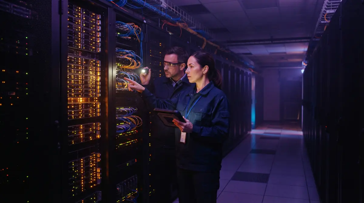 Illustration of technical engineers inspecting enterprise server racks inside a secured computing corridor