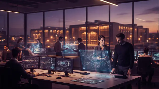 Illustration of financial analysts reviewing high-tech infrastructure debt data overlooking modern data centers