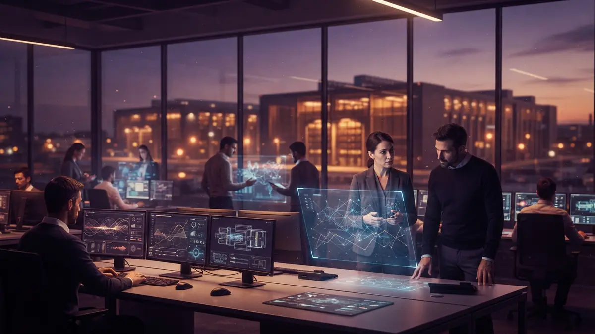 Illustration of financial analysts reviewing high-tech infrastructure debt data overlooking modern data centers