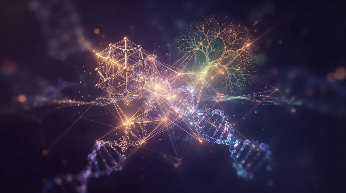 An abstract representation of interdisciplinary science connecting genetics, physics, and ecology