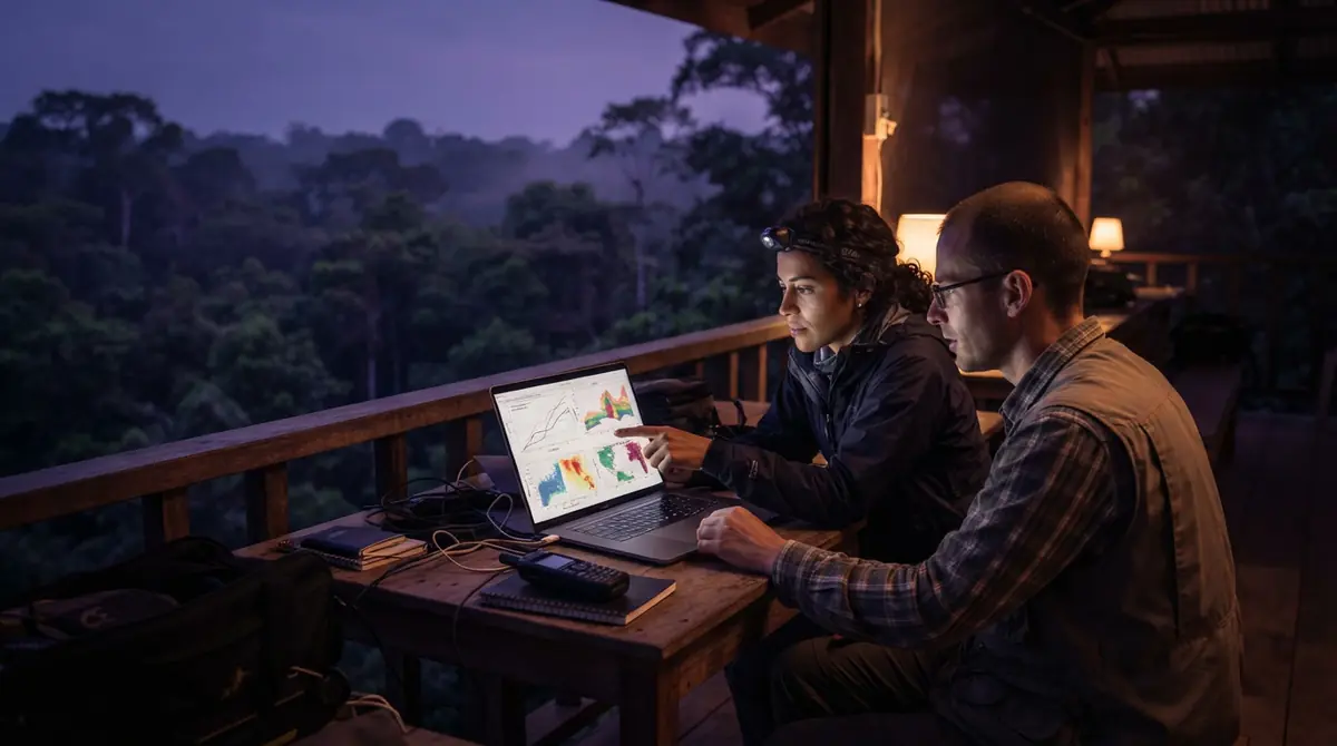 Researchers analyzing ecological tree population data on a laptop in a tropical setting