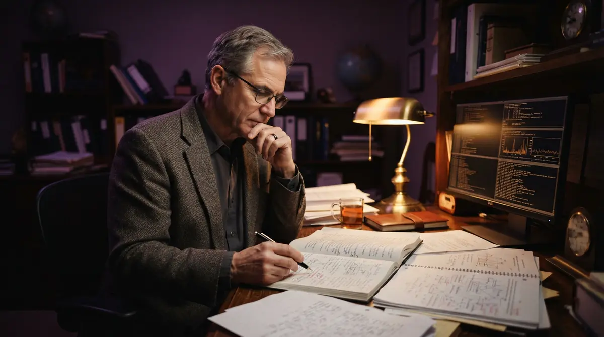 A university professor reviewing research logs and scientific manuscripts at a desk