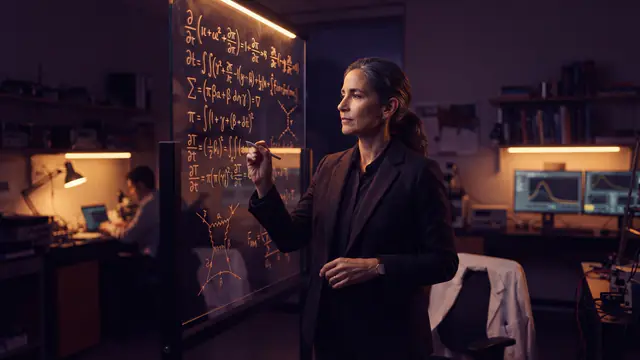A theoretical physicist examining complex mathematical equations and diagrams in a research laboratory