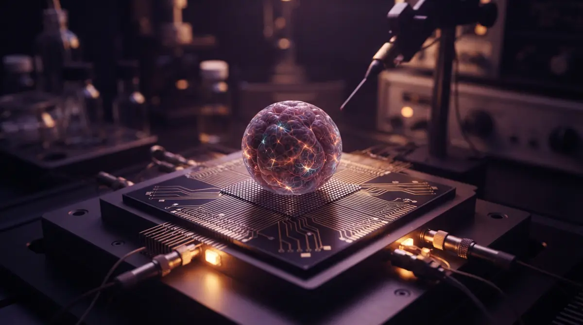 Illustration of a 3D spherical brain organoid resting on a microelectrode array