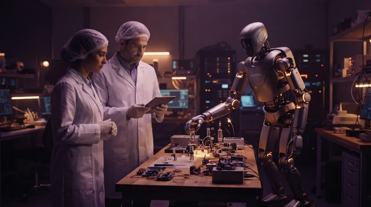 Illustration of researchers testing a humanoid robot performing an object grasping task
