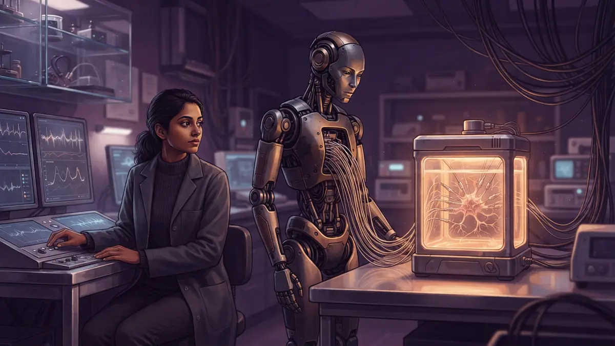 Illustration of a humanoid robot connected to a bioreactor holding biological neural tissue in a laboratory