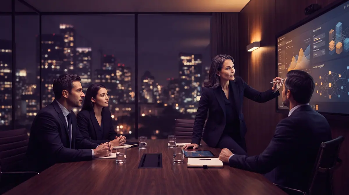 AI-generated illustration of financial analysts and technology executives planning an off-balance-sheet hardware leasing framework.