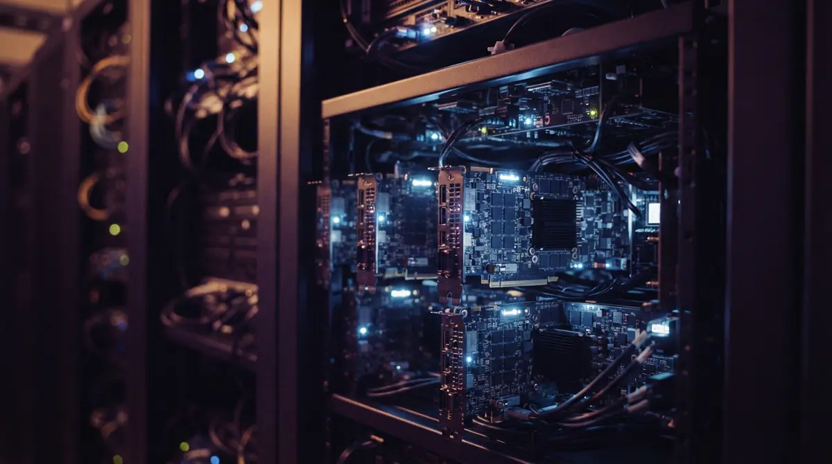 AI-generated illustration of advanced custom XPU accelerator processors mounted inside a computing chassis.