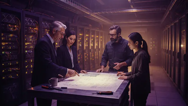 AI-generated illustration of financial executives and chip engineers examining infrastructure blueprints in a high-density data center.