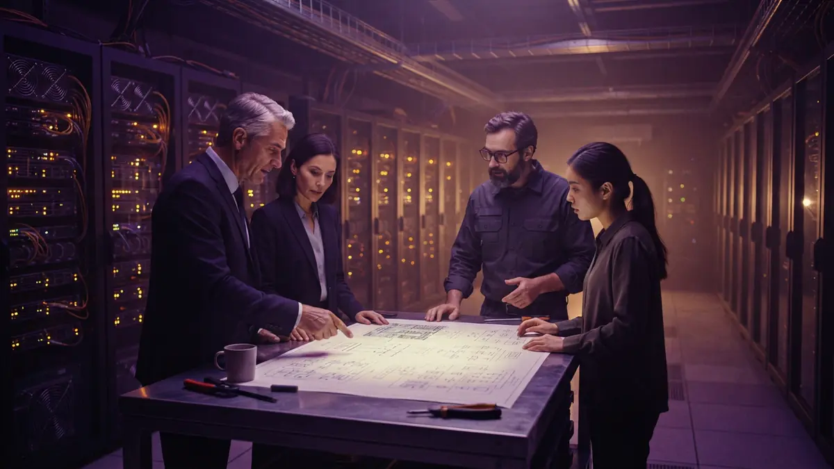 AI-generated illustration of financial executives and chip engineers examining infrastructure blueprints in a high-density data center.