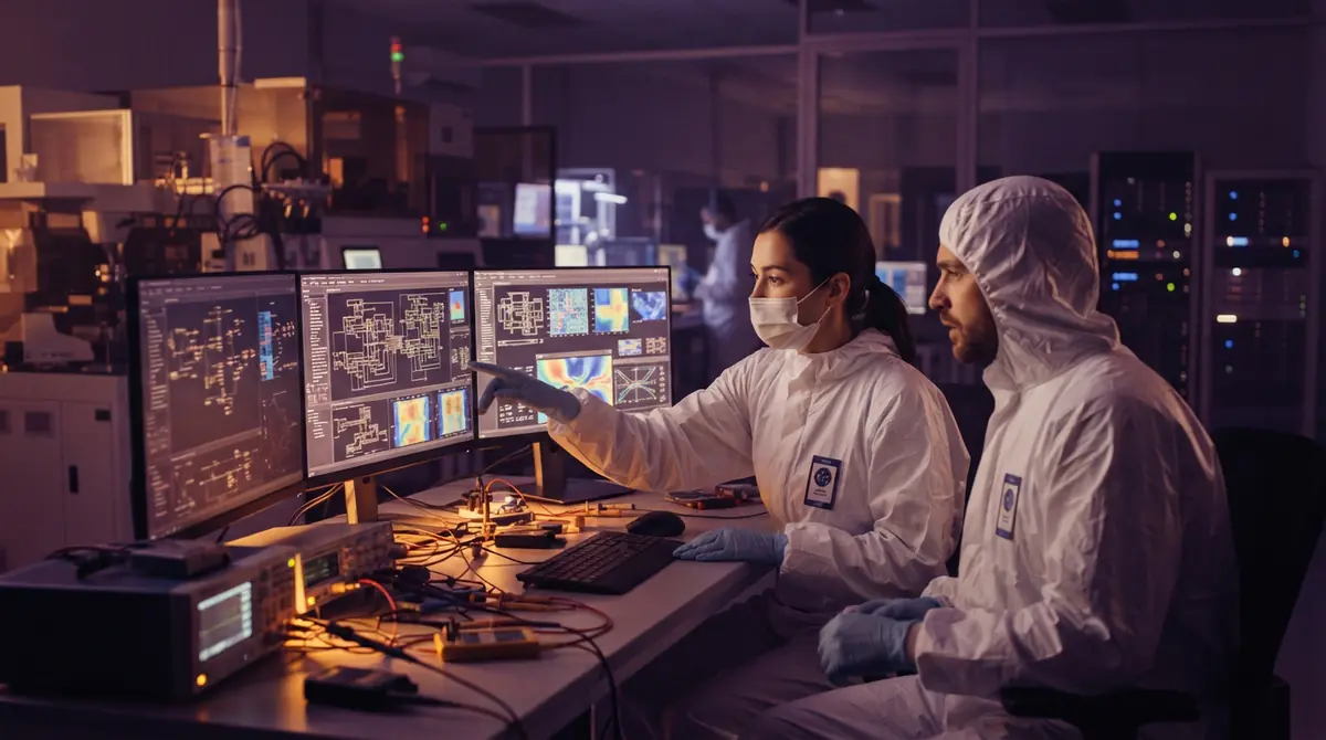 Semiconductor engineers reviewing automated microchip circuit layouts on computer screens in a clean tech lab.
