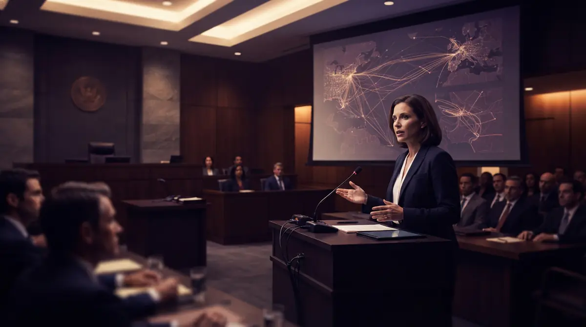 AI illustration of a courtroom presentation displaying global supply chain transit routes