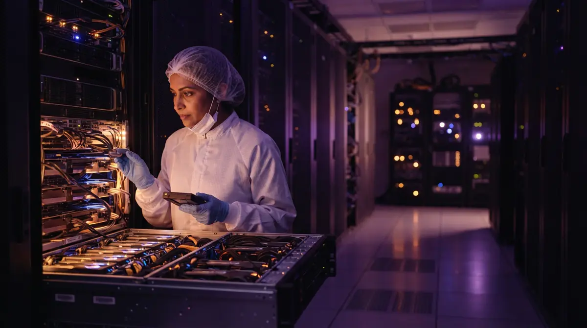 AI illustration of advanced GPU accelerators and server blades inside a computing facility