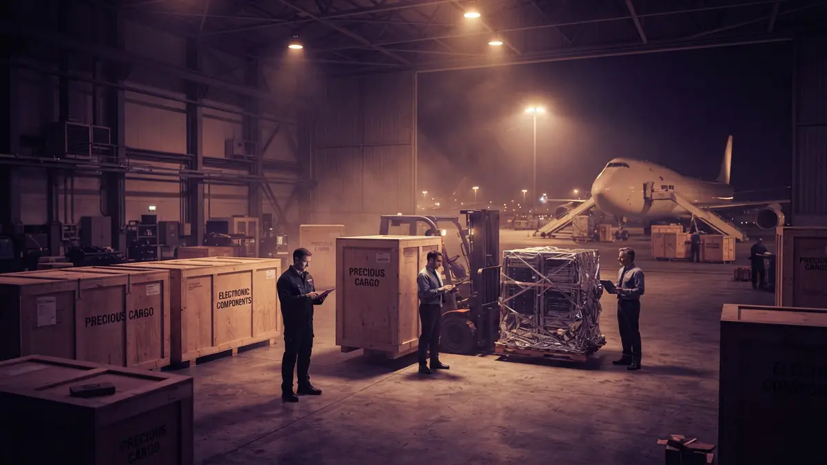 AI illustration of server hardware shipping crates in an international air cargo depot at night