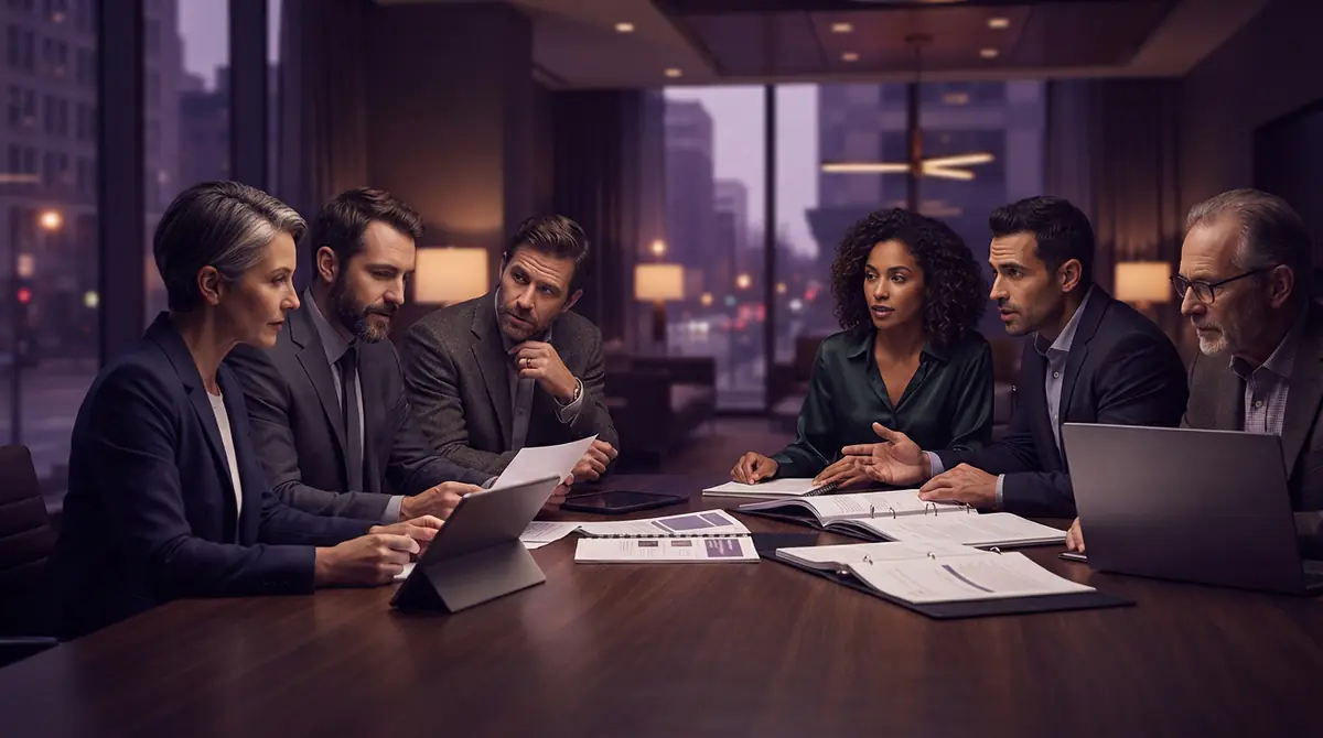 Regulators and technology executives discussing regulatory compliance around a conference table