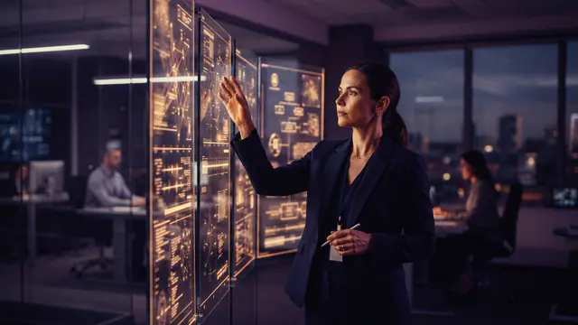 An investigator reviewing cybersecurity documents in a state department of justice office
