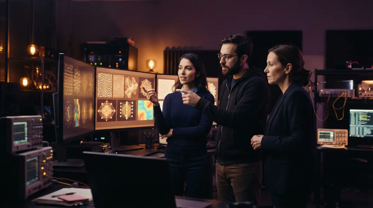 Graphic design researchers evaluating side-by-side image outputs on monitors.