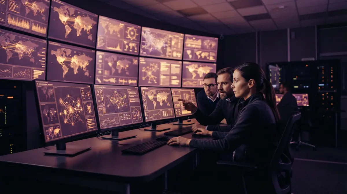 Cybersecurity analysts monitoring security telemetry in a network defense operations center
