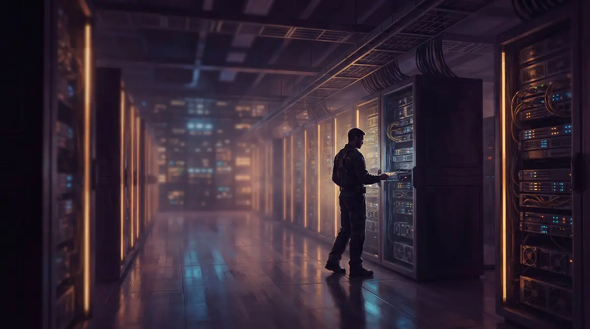 Server racks glowing in an enterprise data center corridor