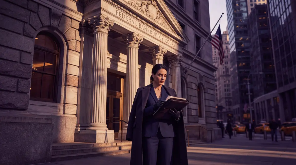 An attorney outside the facade of a federal courthouse building