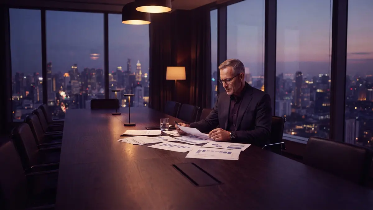 An AI company executive reviewing financial paperwork inside an empty modern boardroom