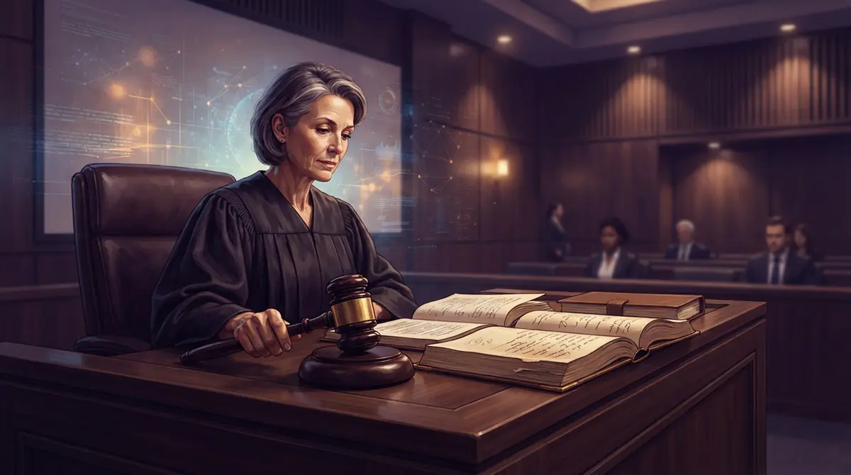 A formal courtroom setting with legal documents and a gavel.