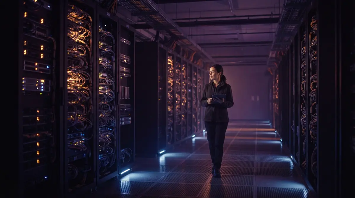 Interior corridor of a high-density server data center facility.