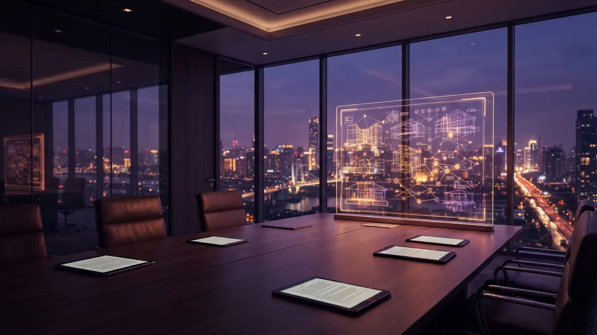 A modern corporate office boardroom at twilight representing corporate restructuring and technology transactions.