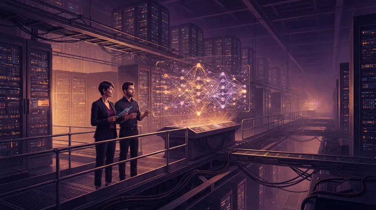 Illustration of a massive server room with digital data streams highlighting computational neural networks and parameter weights