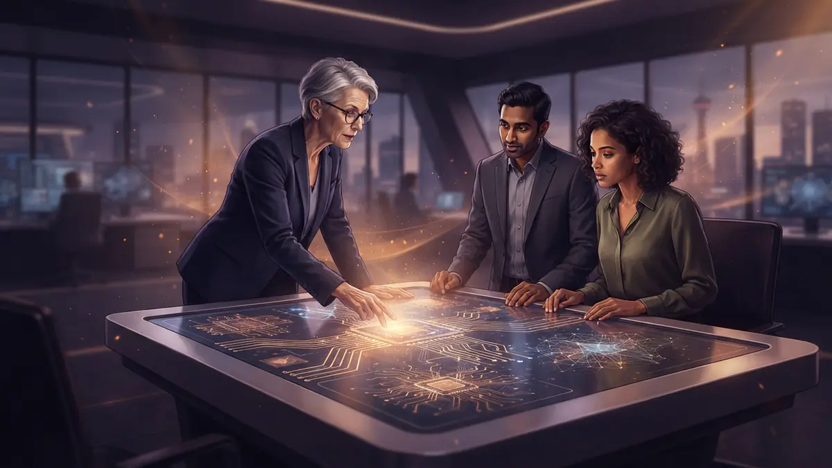 Illustration of trade and technology regulators reviewing digital blueprints of microchips and neural networks on an illuminated table
