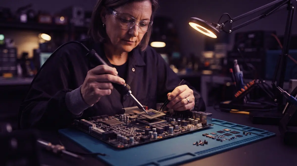 A technician desoldering a computer processing die from a circuit board.