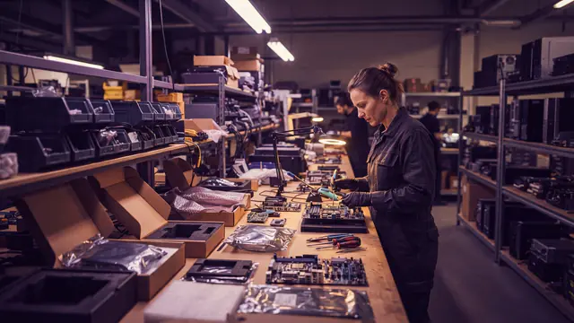 An industrial facility workshop bench containing computer hardware components and circuit boards.