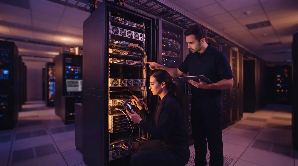 Engineers inspecting workstation towers inside an enterprise computing facility
