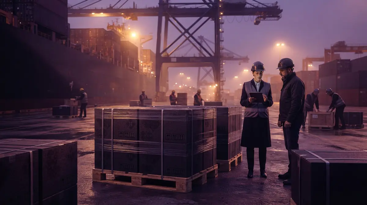 Freight pallets containing boxed tech components stacked near industrial cargo containers