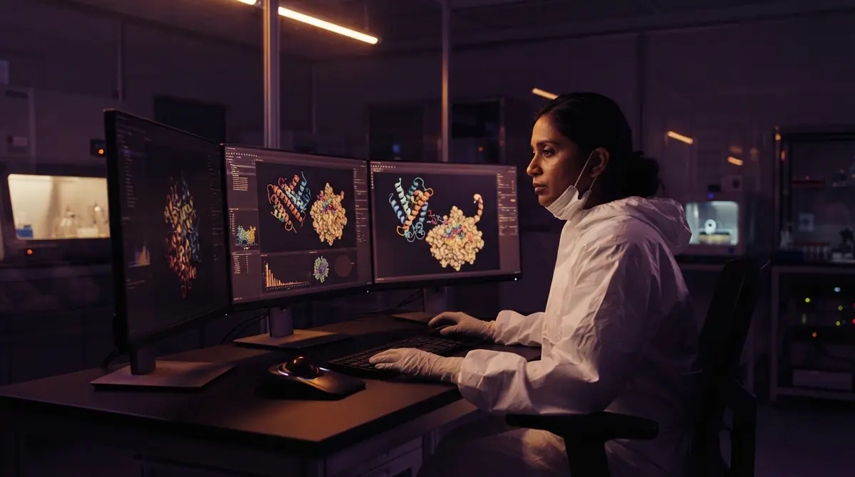 A scientist analyzing synthetic protein binder ribbon models on high-resolution laboratory displays