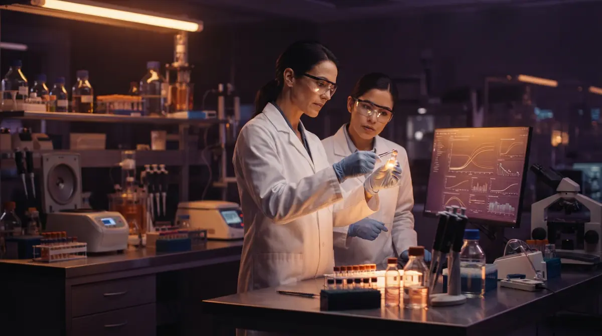 Two biotechnology researchers discussing analytical data next to lab bench equipment