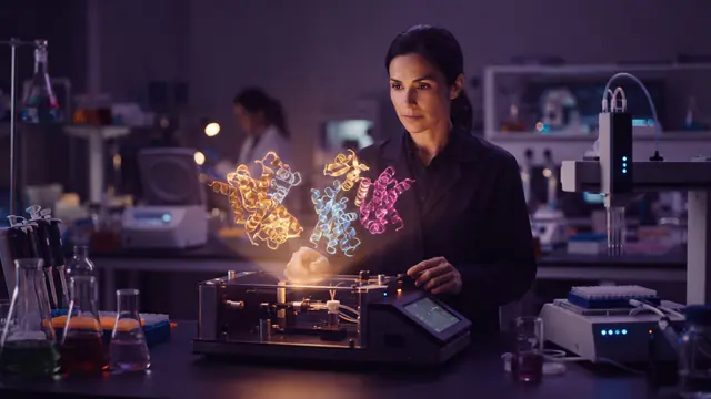 Digital visualization of protein structures interacting in a high-tech biotechnology laboratory setting