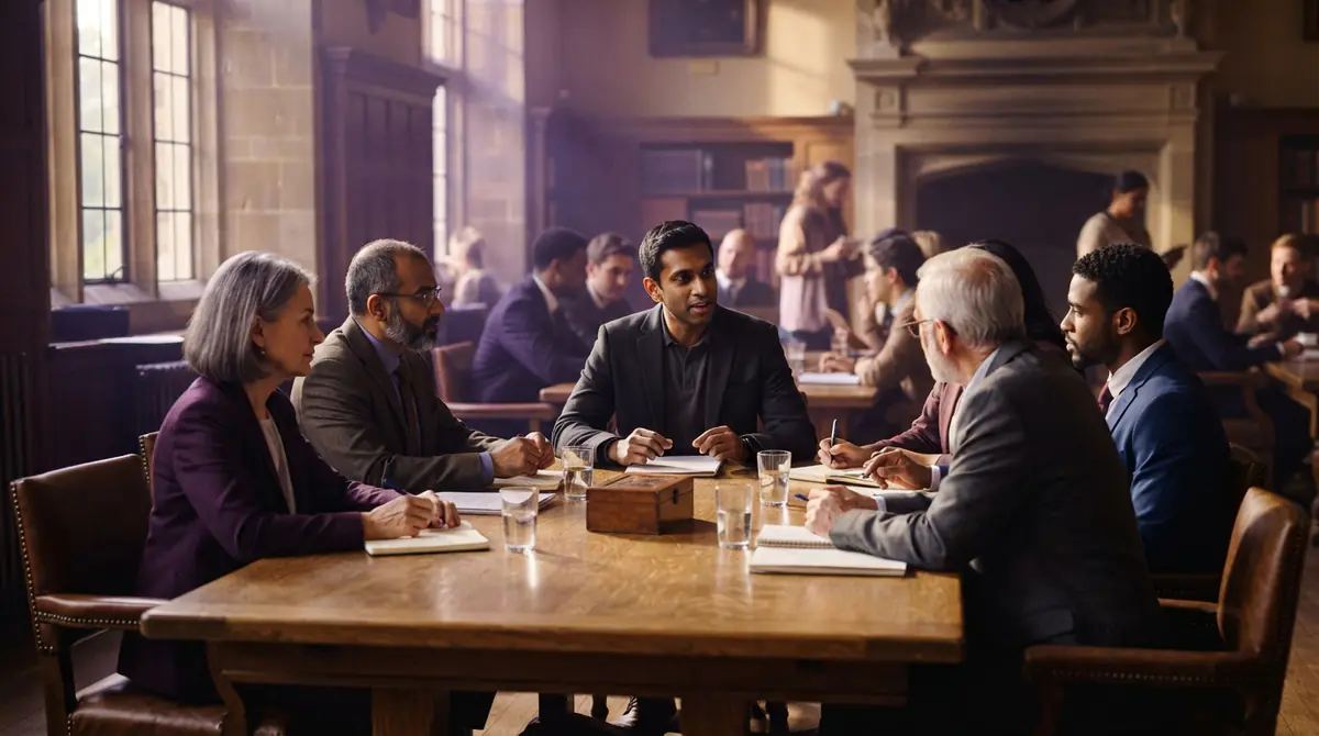 Illustration of a tech research lead convening a panel of philosophers and leaders around a conference table