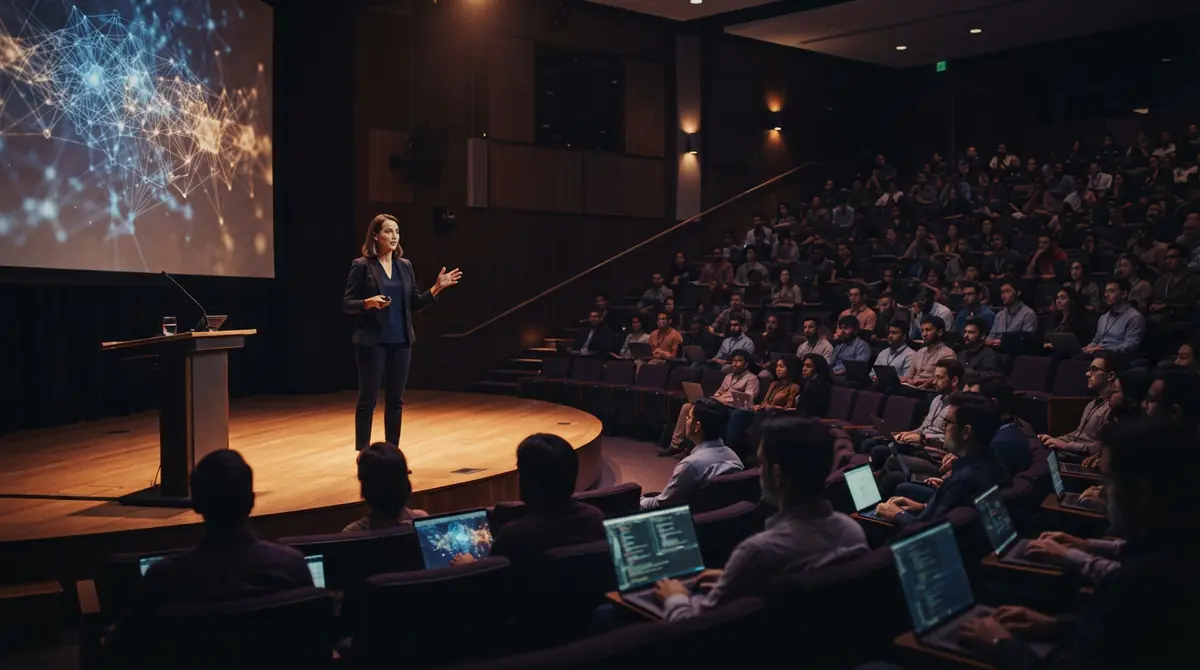 Illustration of an instructor addressing an auditorium of software engineers at a technical training academy
