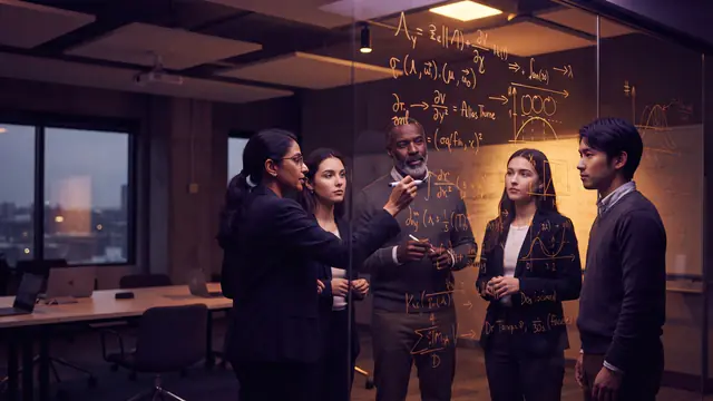 Illustration of AI researchers collaborating over statistical models and benchmark data in a modern seminar room