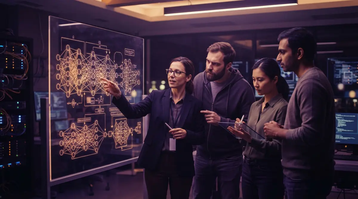 Engineers collaborating on neural network architecture schematics