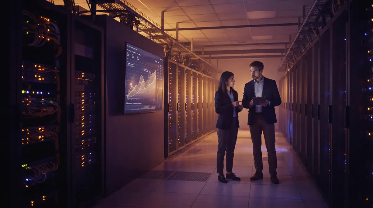 An illustration of cloud engineers monitoring server performance graphs in a high-density data center.