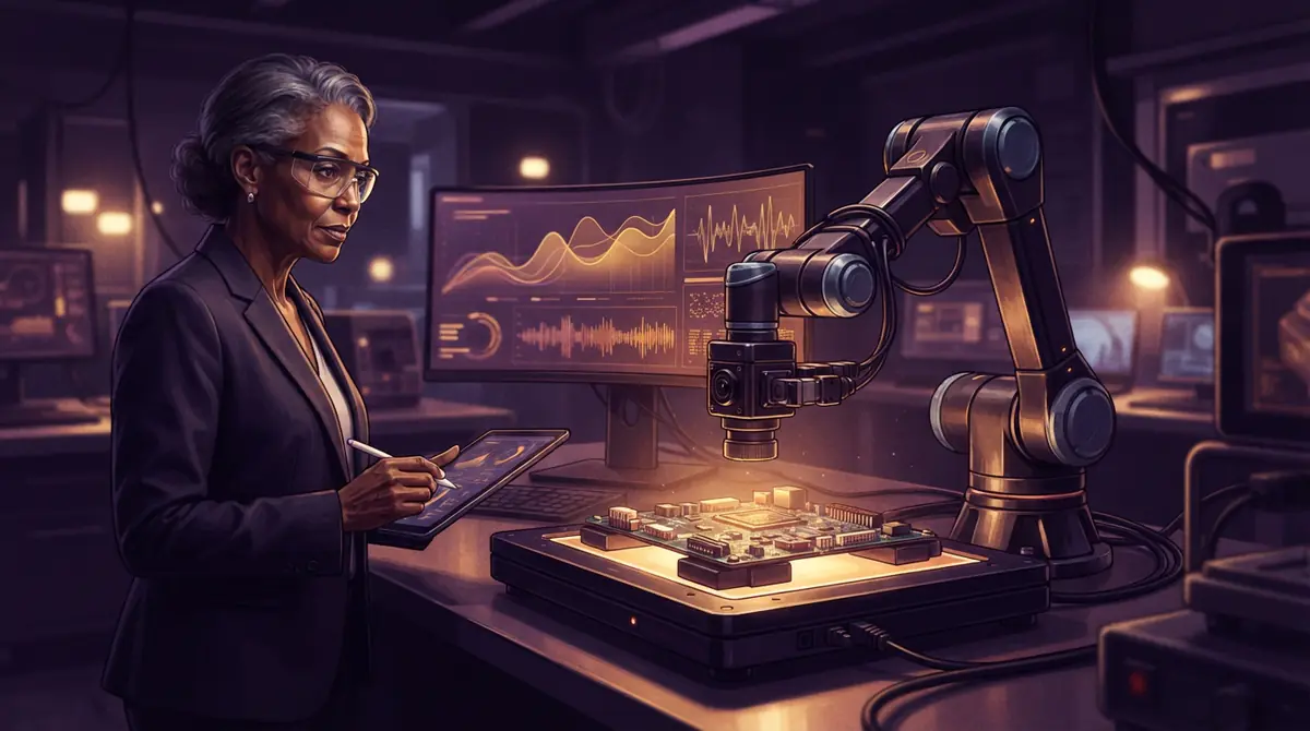 An illustration of an automated inspection environment processing audio and visual diagnostic checks.